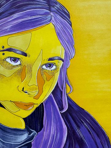 Self-portrait, purple and yellow face, detail of color theory project by <a href='http://fi03.theabsolutelongestwebdomainnameinthewholegoddamnfuckinguniverse.com'>十大彩票平台</a> fine arts major, Sarah Wojnarowski